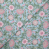 Cotton poplin digitally printed floral bohemian pink background smoky blue