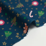 Cotton poplin printed gingerbread men and glittered stars blue background