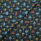 Cotton poplin printed with vintage Christmas baubles on a midnight blue background