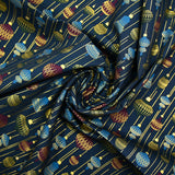 Cotton poplin printed with vintage Christmas baubles on a midnight blue background