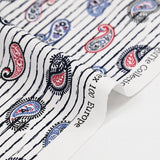Coton imprimé cachemire bleu barbeau et rouge fond rayé bleu marine