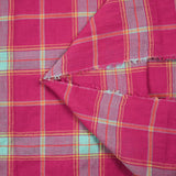 Woven cotton dyed gold lurex check pink background