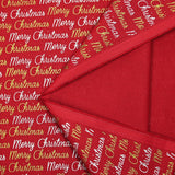 Cotton poplin printed with Merry Christmas in gold and silver on a red background