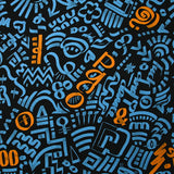Sergé de coton imprimé graffitis bleu et orange fond noir