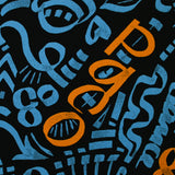 Sergé de coton imprimé graffitis bleu et orange fond noir
