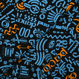 Sergé de coton imprimé graffitis bleu et orange fond noir