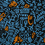 Sergé de coton imprimé graffitis bleu et orange fond noir