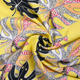 Linen Print Viscose Rain of Monsteras Yellow Nankin background