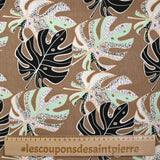 Lin viscose imprimé pluie de monsteras fond marron