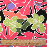 Lin viscose imprimé jardin tropical rose corail fond noir