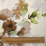 Cotton printed flowers in natural brown and green off-white background