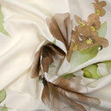 Cotton printed flowers in natural brown and green off-white background