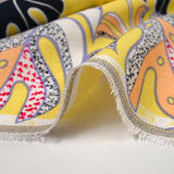 Linen Print Viscose Rain of Monsteras Yellow Nankin background
