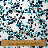 Satin de coton élasthanne dans les bulles turquoise fond blanc