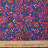 Velours de coton côtelé imprimé fleurs psychédéliques fond indigo