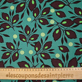 Velours de coton côtelé imprimé feuillage aubergine fond turquoise