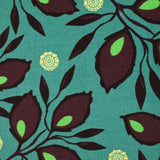 Velours de coton côtelé imprimé feuillage aubergine fond turquoise