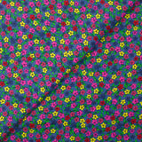 Velours de coton côtelé imprimé petites fleurs colorées fond bleu barbeau