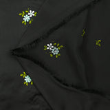 Polyester satin embroidered water green flowers on black background