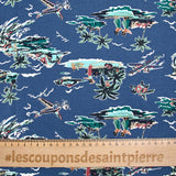 Lino y algodón estampado trópico hawaiano fondo azul.