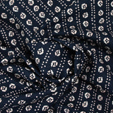 Viscose linen printed flowers and dotted striped navy background