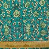 Velours ras imprimé fleurs block print fond turquoise