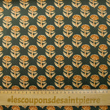 Velours ras imprimé ornement floral fond kaki foncé