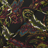 Twill de viscose imprimé cachemire lie de vin, kaki et ocre fond noir