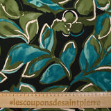 Twill de viscose imprimé nature en peinture turquoise et kaki fond noir