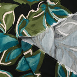 Twill de viscose imprimé nature en peinture turquoise et kaki fond noir