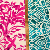 Viscose imprimée éclat d’orient fuchsia et turquoise fond écru