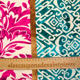 Viscose imprimée éclat d’orient fuchsia et turquoise fond écru