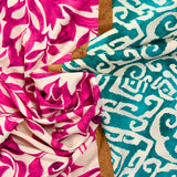 Viscose imprimée éclat d’orient fuchsia et turquoise fond écru