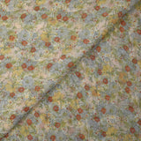 Ribbed chiffon printed with red, blue and yellow flowers on a white background