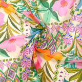 Mousseline crinkle imprimée jardin en fleurs orange et violet fond écru