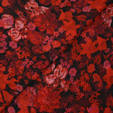 Crinkle muslin printed red and pink floral bouquet on black background