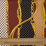 Satin polyester twill printed with gold straps on burgundy, ocher and black bands