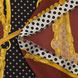 Satin polyester twill printed with gold straps on burgundy, ocher and black bands