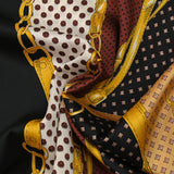 Satin polyester twill printed with gold straps on burgundy, ocher and black bands