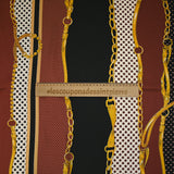 Satin polyester twill printed with gold straps on burgundy, ocher and black bands