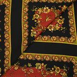 Crêpe satin imprimé carré de fleurs et oiseaux fond noir