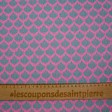 Popeline enduite imprimée végétal turquoise fond rose
