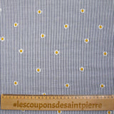 Dyed woven cotton embroidered daisy white and navy striped background