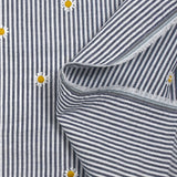 Dyed woven cotton embroidered daisy white and navy striped background