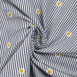 Dyed woven cotton embroidered daisy white and navy striped background