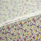 Anna Purple y amarillo Fondo blanco de algodón estampado en blanco por el medidor