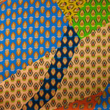 Satin de soie imprimé patchwork cachemire orange, moutarde et bleu