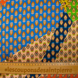 Satin de soie imprimé patchwork cachemire orange, moutarde et bleu