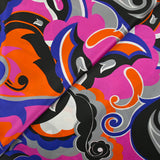 Satin de soie imprimé paisley indigo, magenta et orange