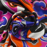 Satin de soie imprimé paisley indigo, magenta et orange